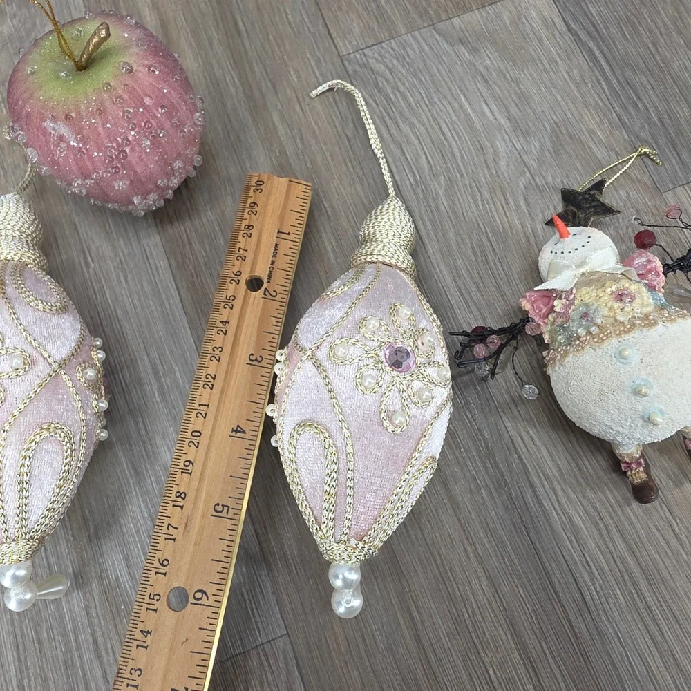 Vintage Pink Velvet Drop Snowman & Beaded Apple Christmas Ornaments Set of 4